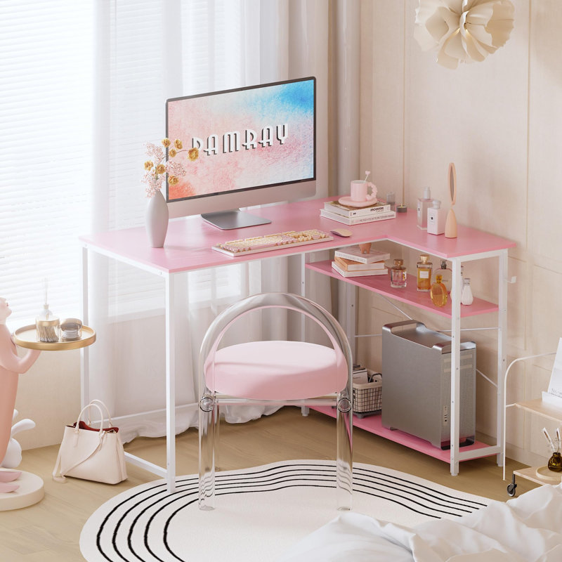 Bureau d'ordinateur en forme de L de 43 pouces avec tablettes réversibles de rangement latérales, petit bureau d'angle pour petit bureau à domicile, bureau d'écriture pour bureau pour chambre à coucher, rose avec pieds blancs