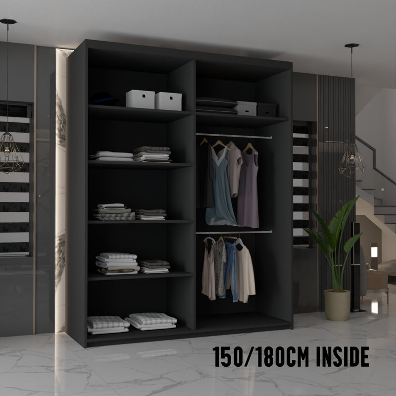 Nyhagen 2 Door Manufactured Wood Wardrobe, 217cm H x 150cm W x 62cm D, Black