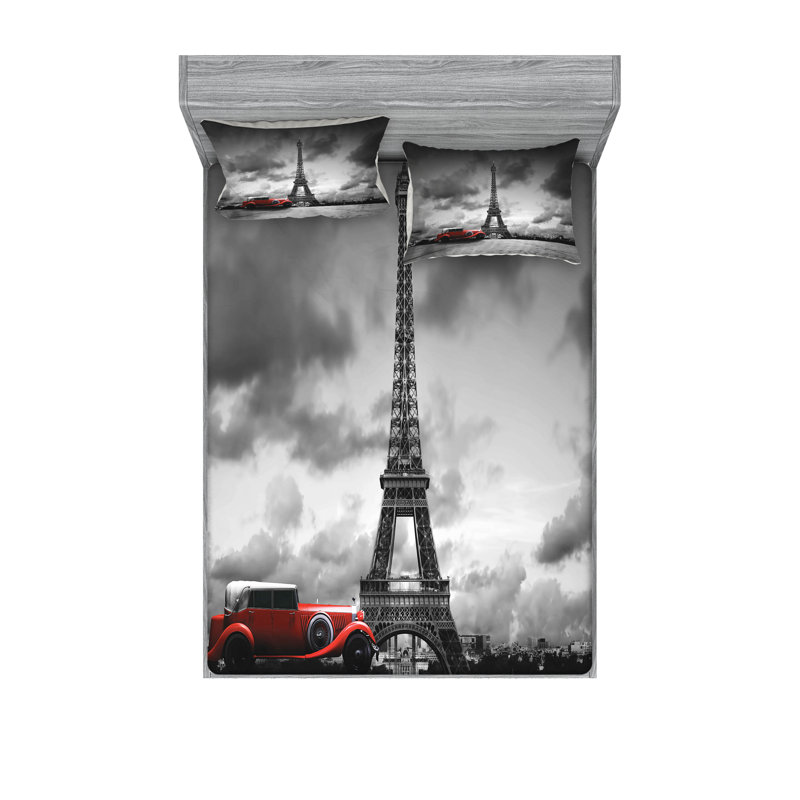 Ambesonne Eiffel Tower Fitted Sheet & Pillow Sham Grey Black Red, Cal King Sheet Set + 5 Additional Pieces