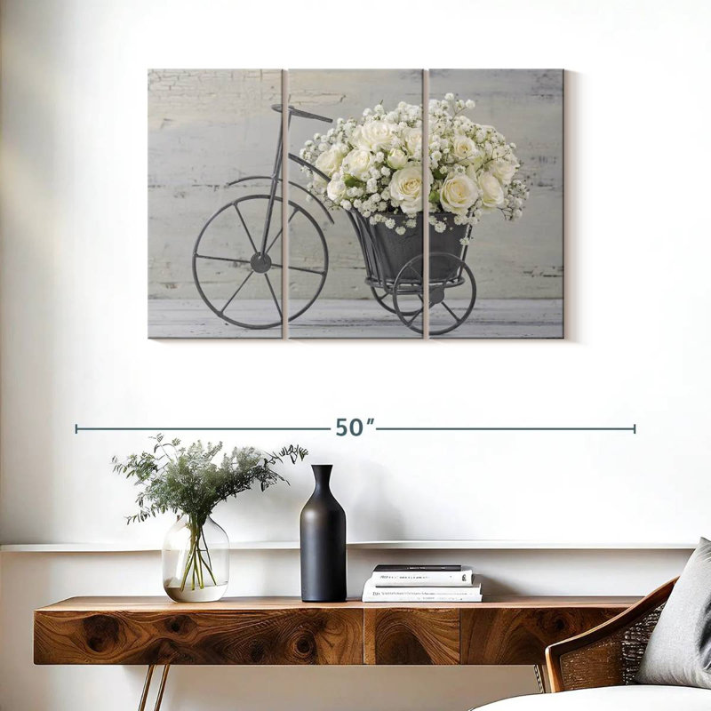 Ensemble de 3 pièces bouquet de roses blanches sur toile, H 24 po x l 38 po x P 1,25 po