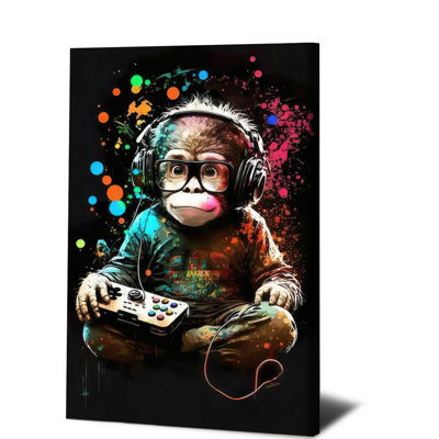 1 pièce, art mural, affiches encadrées, art de toile de jeu de singe coloré, éclaboussures colorées avec casque et contrôleur, décoration intérieure moderne pour salle de jeux, bureau, impression numérique unique