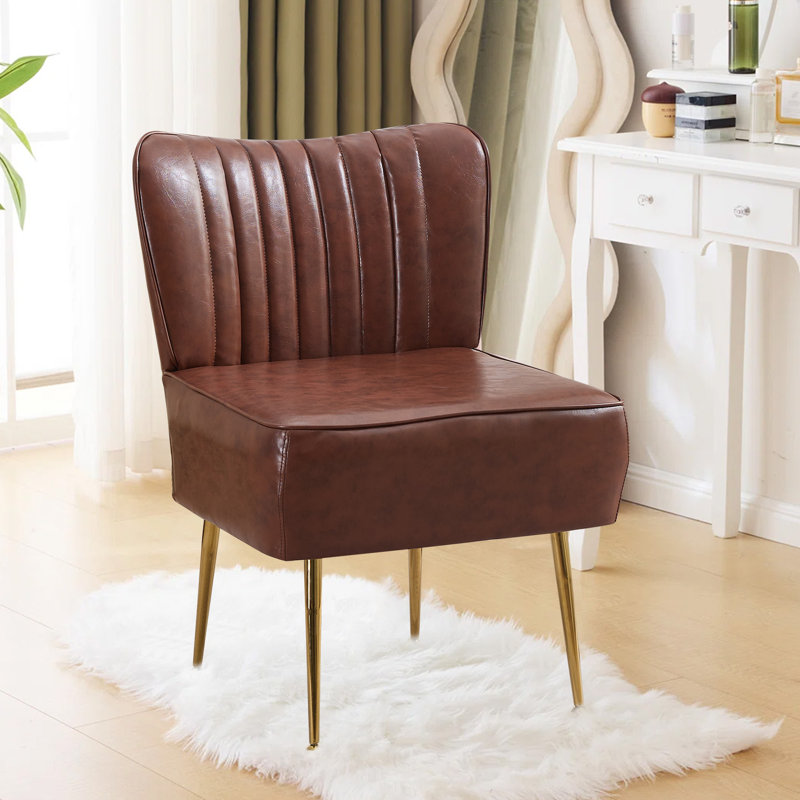 Accent Side Chair With Gold Legs, Brown Faux Leather