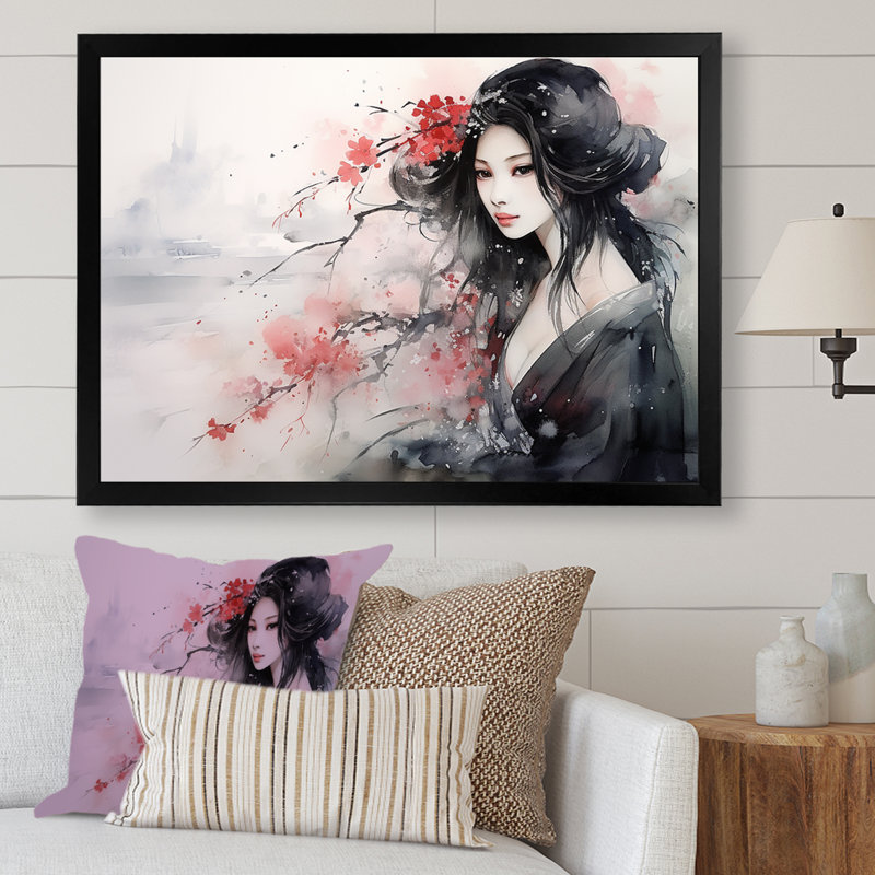 Portrait d'une femme asiatique noire et rouge - art mural Chine, Cadre d'angle fermé noir, H 12 po x l 20 po x P 1 po