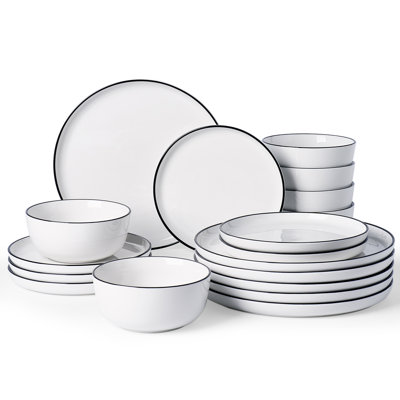 18 Pieces Porcelain Dinnerware Set, Plates and Bowls Set for 6, White with Black Rim