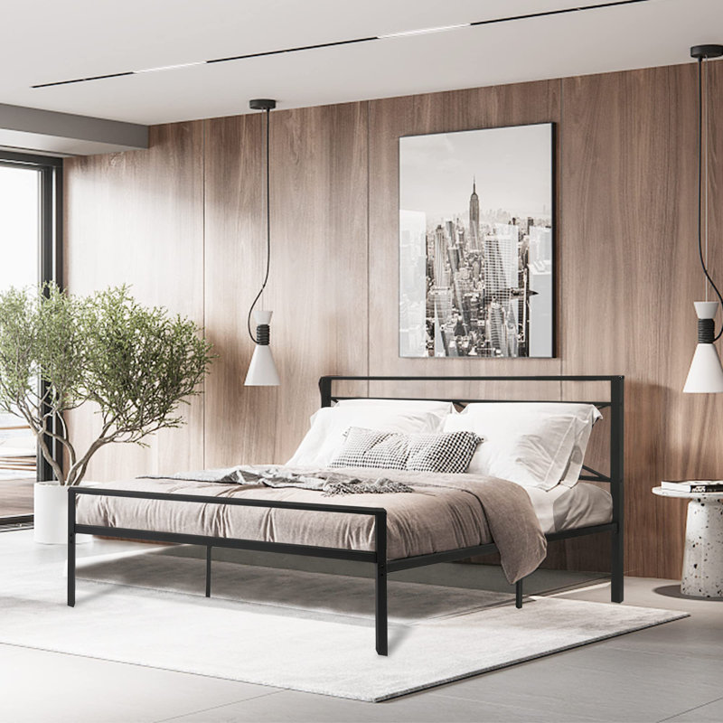 Queen Black Metal Frame Bed with Upholstered Headboard