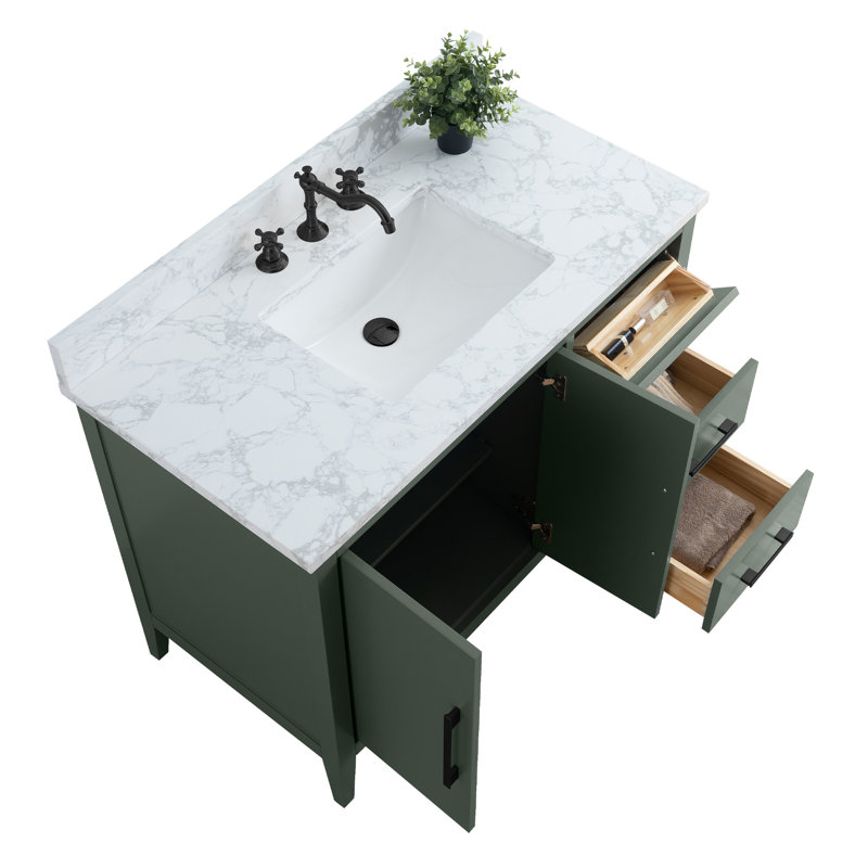 Ensemble de meuble-lavabo simple 42 po avec plateau en marbre Chambery, Vert rétro, Noir mat