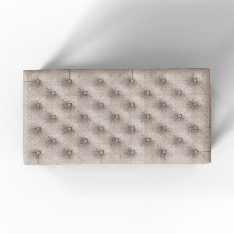 Natural Linen Tufted Cocktail Ottoman with Brown Wooden Frame