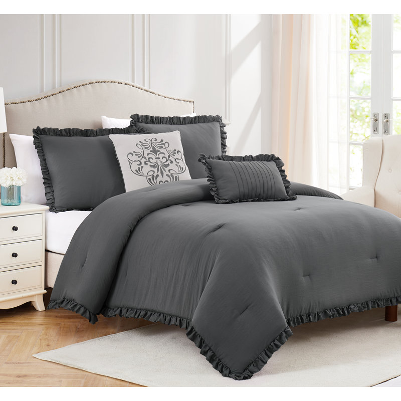 Ensemble d'édredon et coussin décoratif Portland Ruffle, Gris anthracite, Édredon grand + 2 taies décoratives + 1 taie d'o