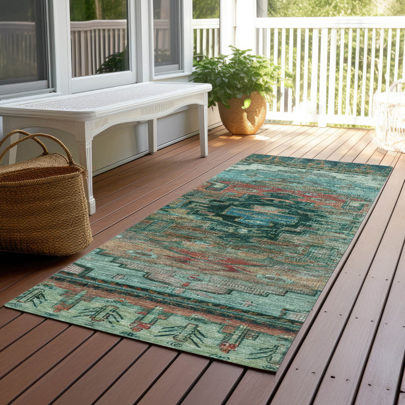 Machine Washable Indoor/Outdoor Xhevrie Teal Rug, Runner 2'3" x 7'6"