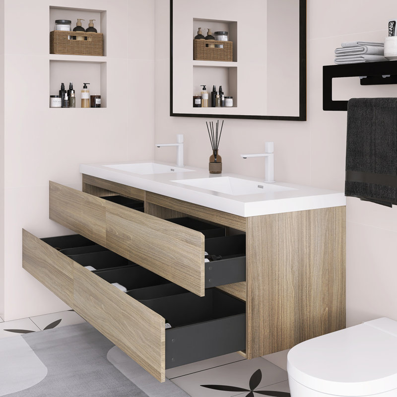 72" Wall-Mounted Double Bathroom Vanity With Resin Top And 4 Soft Close Drawers, Ash Gray
