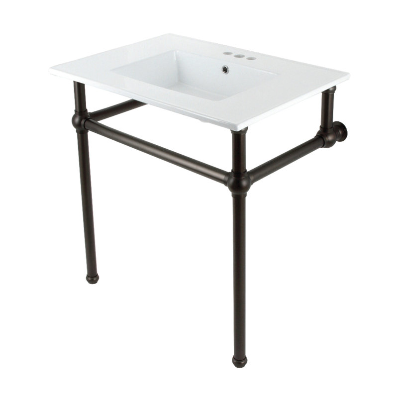 Kingston Brass Templeton 31-Inch Ceramic Console Sink with Brass Legs (8-Inch, 3-Hole), White/Oil Rubbed Bronze