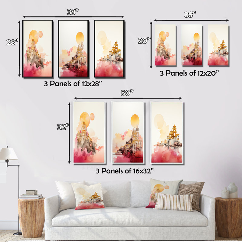 «Ancienne ville de rêves rétro rose et or III», 3 pièces sur toile, Cadre naturel flottant, H 32 po x l 48 po