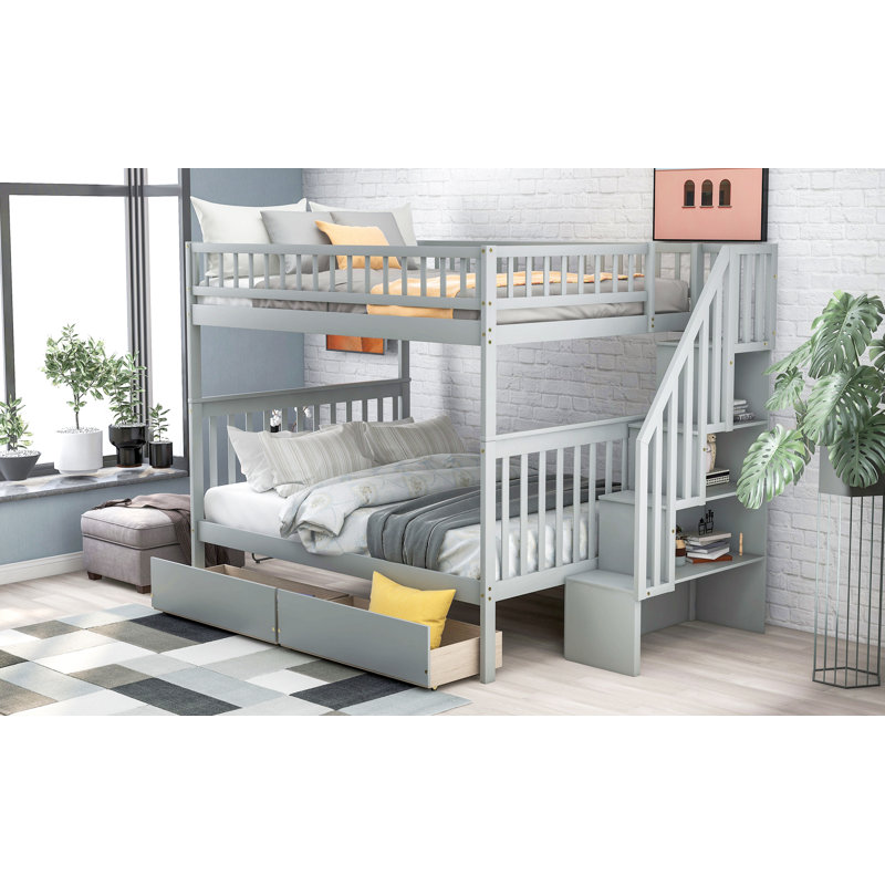 Lit superposé double au-dessus de double avec deux tiroirs et rangement, Gris