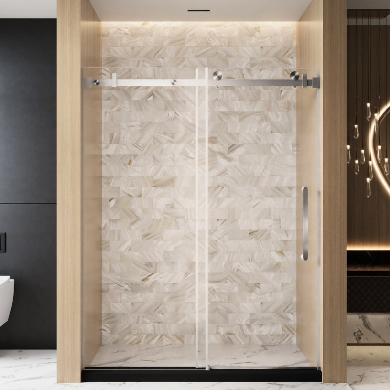 56 - 60 "W X 76" H Bathroom Single Sliding Shower Door With 1/4"  6 Mm  Clear Tempered Glass, Proof Film, Stainless Steel Handle And Square Tube Track In Brushed Nickel, American Style, Smooth