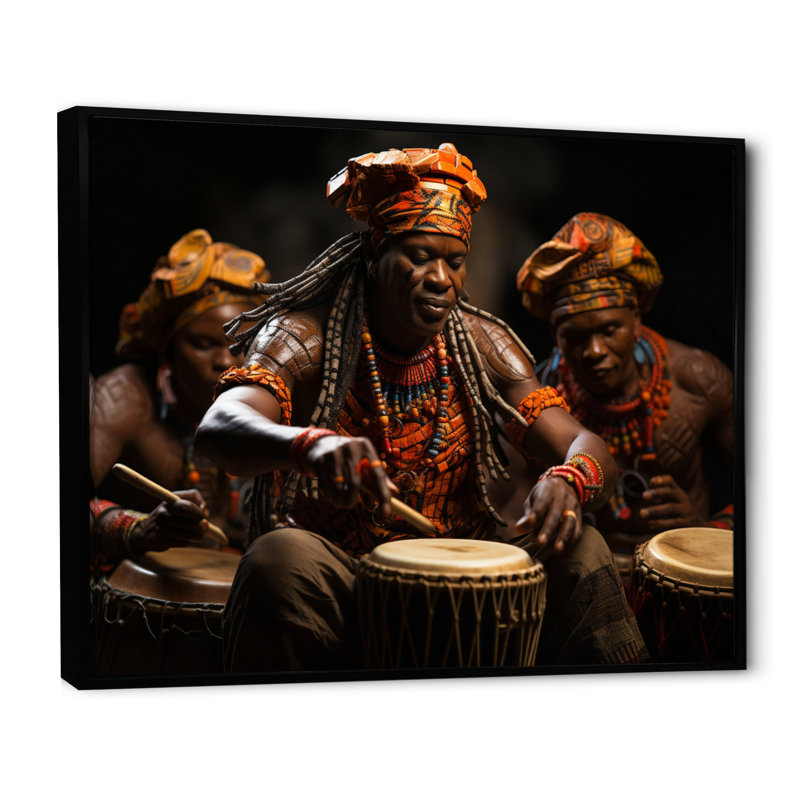 Tambour africain rythmique II - art mural africain, Cadre flottant noir, H 34 po x l 44 po x P 1,5 po