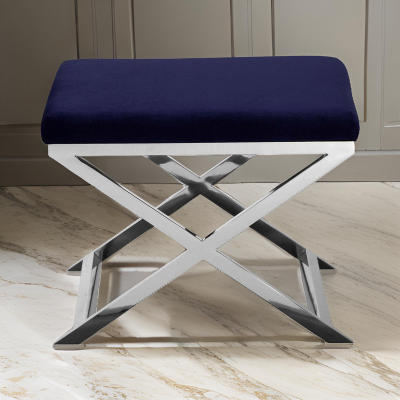 Sovi Upholstered Ottoman, Chrome, Navy Blue Velvet