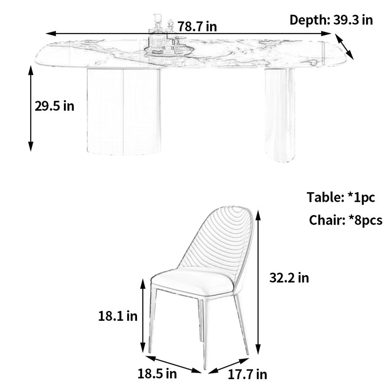 Petite table et chaises sophistiquées, H 29,5 po x L 78,7 po x l 39,3 po