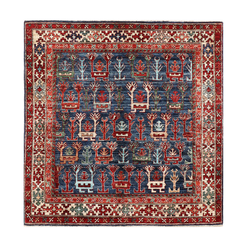 Tapis unique en laine noué à la main de 4 pi 11 po x 5 pi 2 po rouge / bleu / ivoire