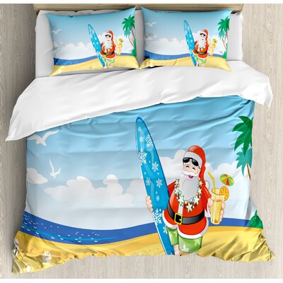 Christmas Santa on Beach with Surfboard Summer Party Celebration Tropical Art Duvet Cover Set -  Ambesonne, nev_19399_king