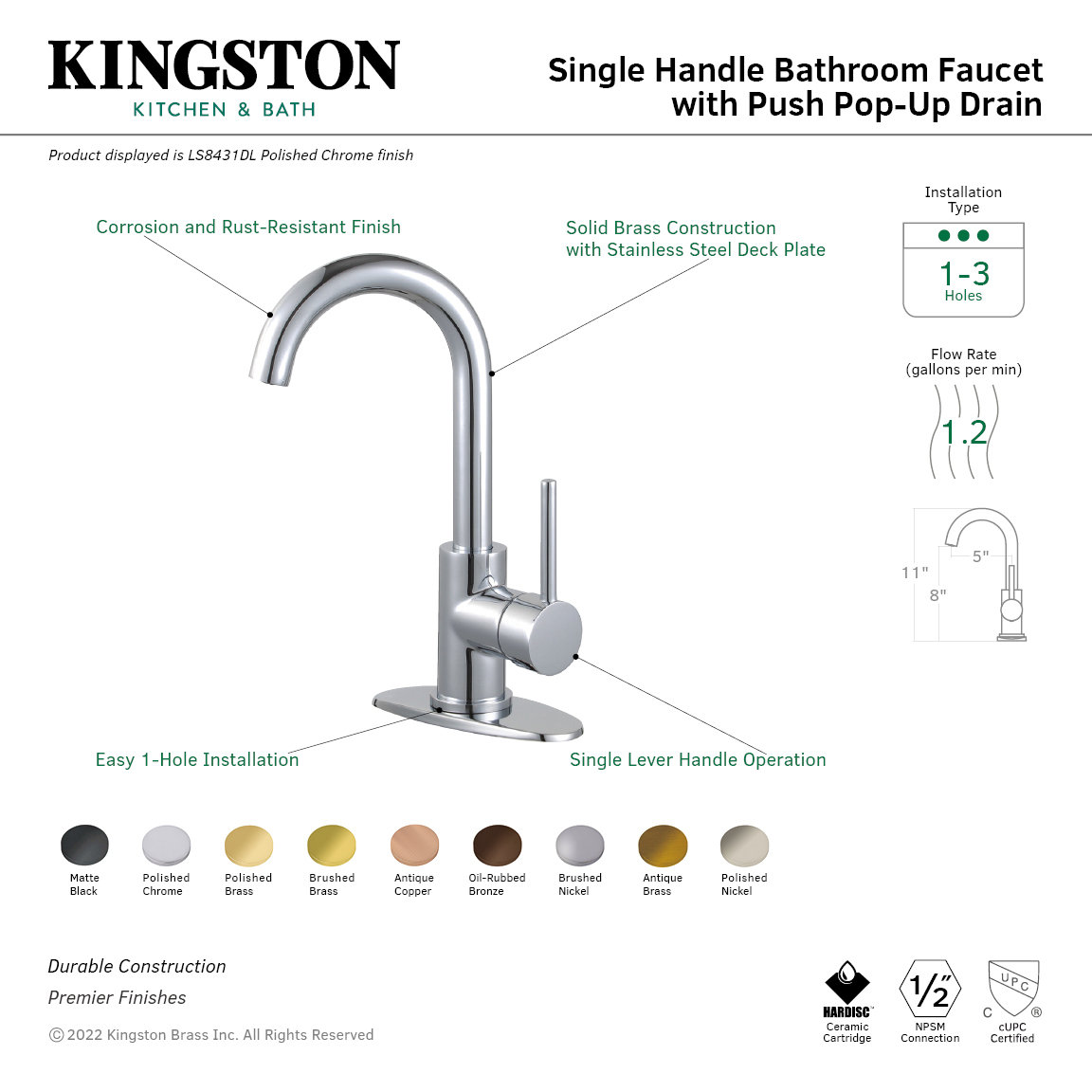 Kingston Brass Concord Single-Handle 1-Hole Deck Mount Bathroom Faucet with Push Pop-Up, Oil Rubbed Bronze