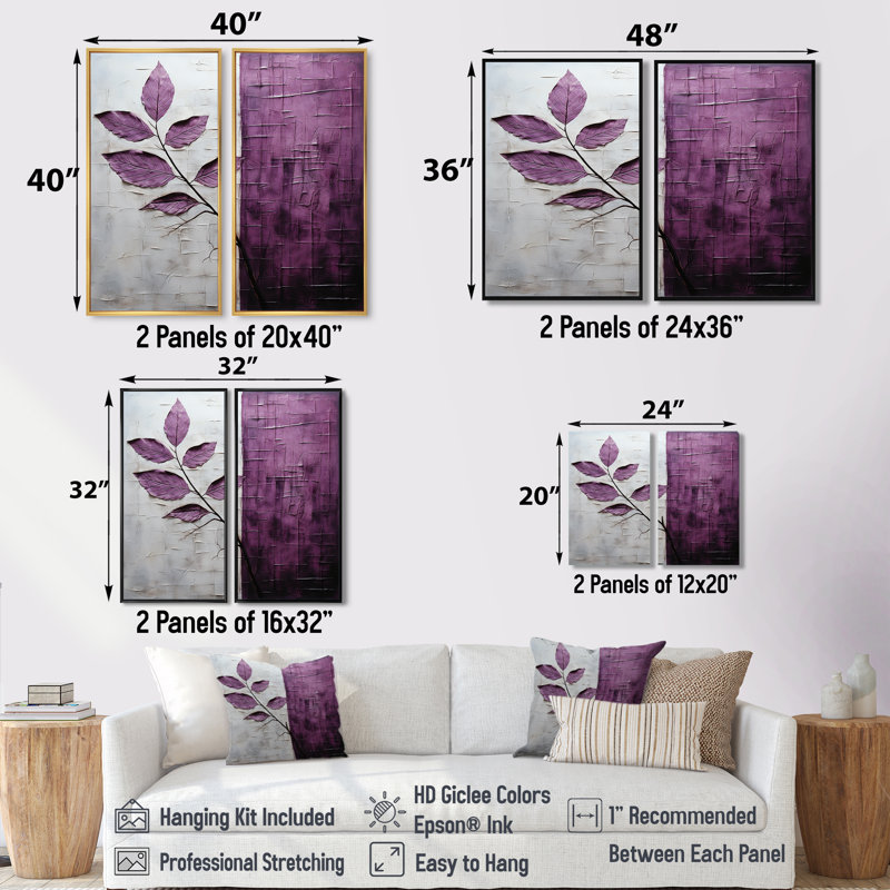 «Purple Leaves Plum Precision» - art mural sur toile mauve, Impression encadrée flottante, Silver, H 36 po x l 48 po