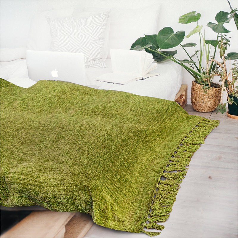 Olive Green Chenille Knit Throw Blanket with Tassel Fringe