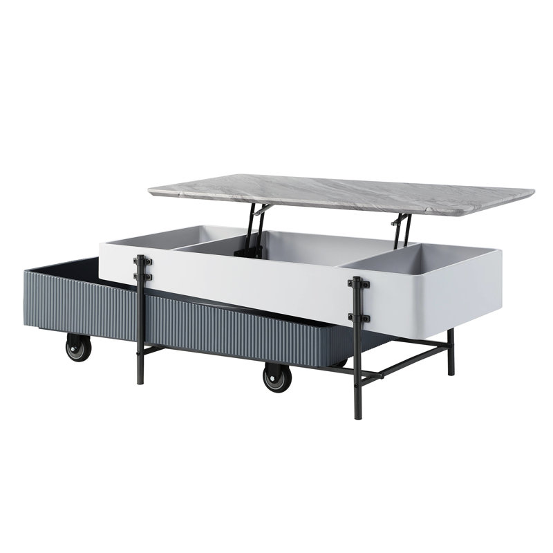 Table basse contemporaine grise et blanche avec plateau de rangement relevable pratique