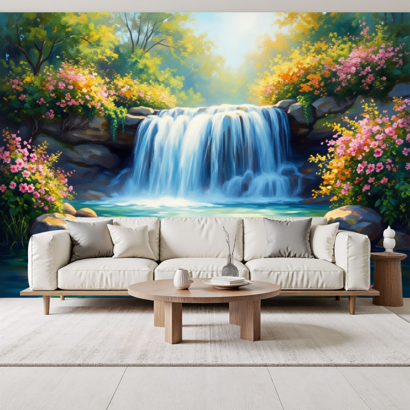 Papier peint adhésif peluches et collantes Tranquil Waterfall Garden Vibrant Flowers, L 96 po x l 69 po