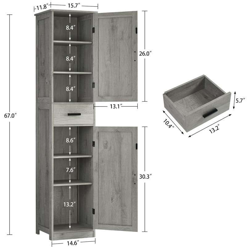 Armoire de rangement de 67 po de hauteur avec 2 portes et 1 tiroir, Gris clair