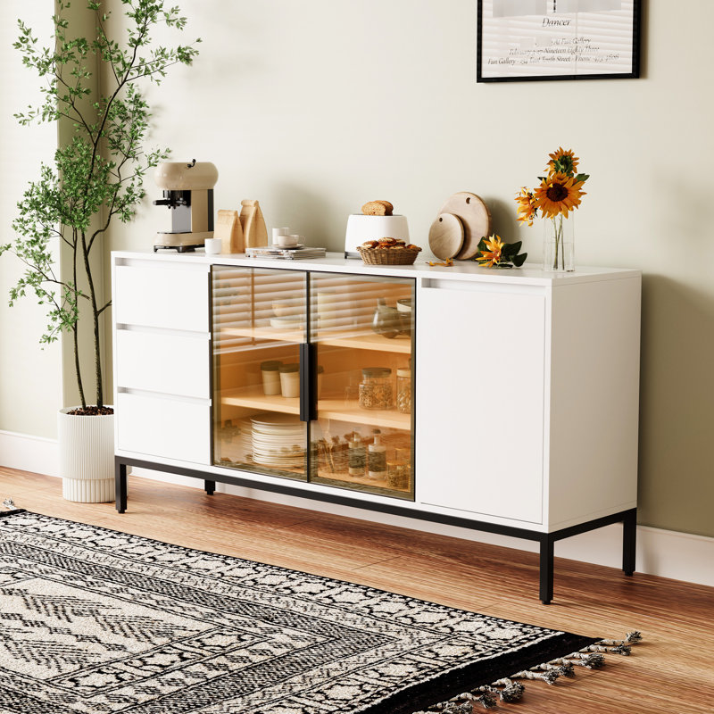 Buffet blanc avec 3 tiroirs et portes de rangement, pour la cuisine et le salon