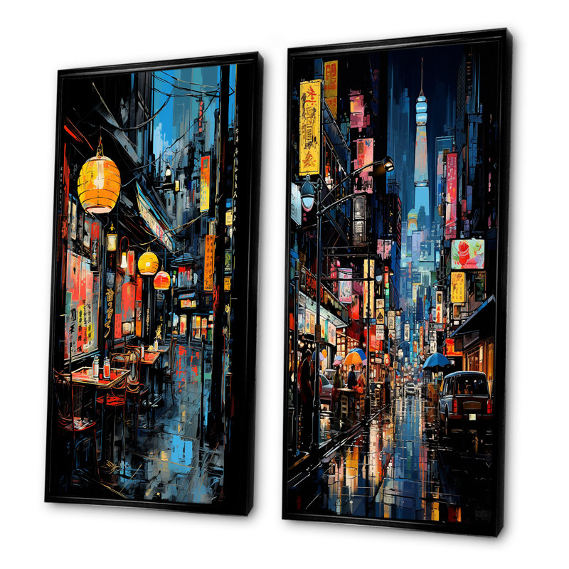 Japon, art de rue Alleyway II - ensemble de 2 impressions sur toile japonaises, Cadre flottant noir, H 28 po x l 25 po
