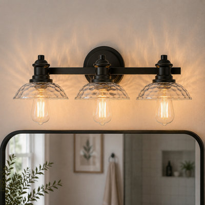 Éclairage pour meuble-lavabo noir 3 lumières avec abat-jour cylindrique en verre transparent - applique murale pour salle de bain, meuble-lavabo et salle d'eau