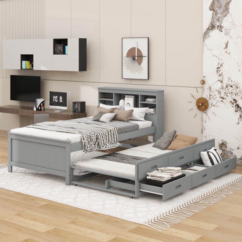Lit plateforme avec tête de lit avec rangement, ports USB, lit gigogne simple et 3 tiroirs, Gris, Lit simple
