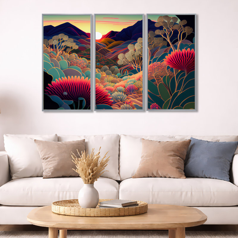 Fleurs colorées pendant l'heure dorée I - Paysage montagnard, ensemble d'art mural sur toile, H 28 po x l 36 po