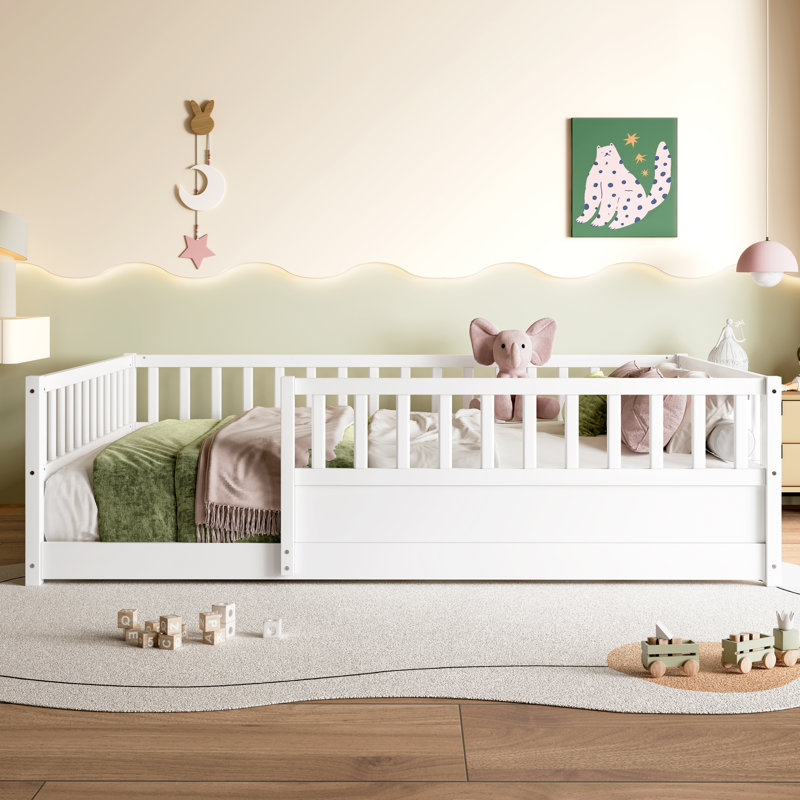 Elio Modern Pine Montessori Floor Bed with Extra-High Safety Guardrails, Full, White