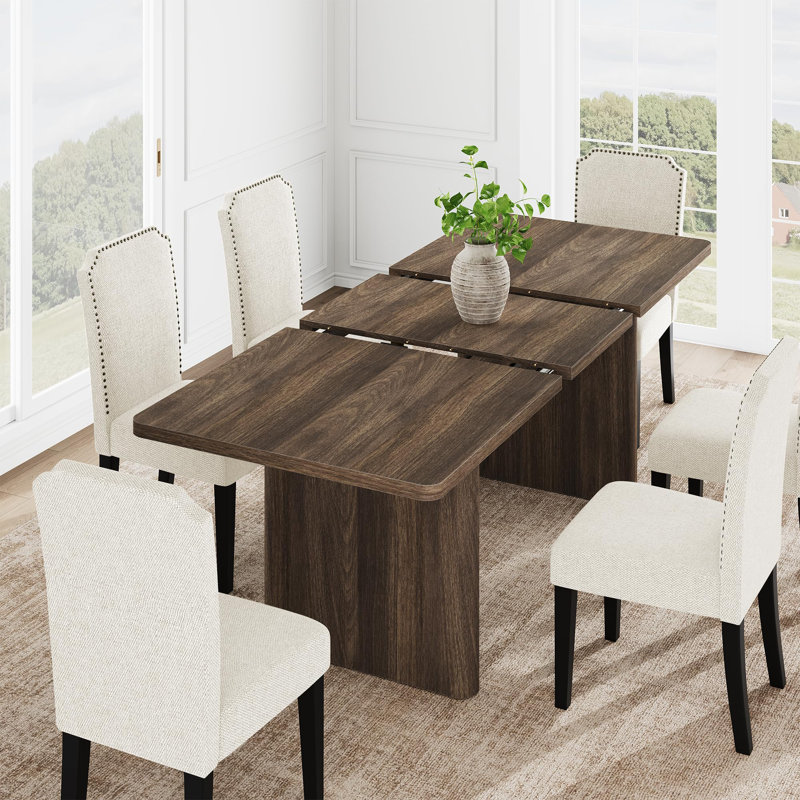 Extendable Dining Table Set for 8‑10 People, 63"‑82.68" Rectangular Table with Rounded Corners, Cotton Linen Upholstered Chairs for Kitchen & Dining Room