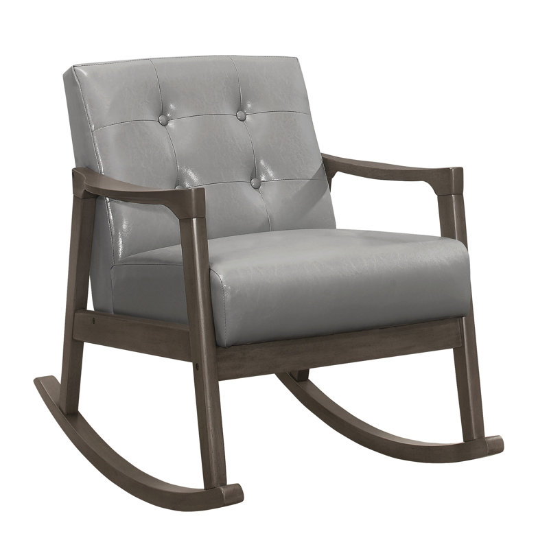 Chaise berçante de style Mid-Century avec revêtement en similicuir gris et rembourrage de ressorts ensachés en hévéa massif de 40 po