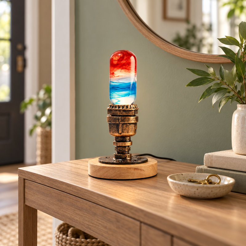 Lampe de table en résine peinte à la main avec base en bois massif et fer