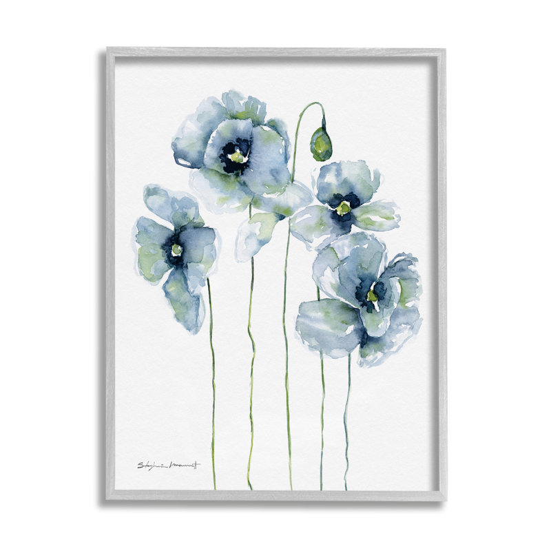 «Modern Poppy Blooms Blue Abstract» par Stephanie Workman Marrott - cadre flottant, impression sur bois