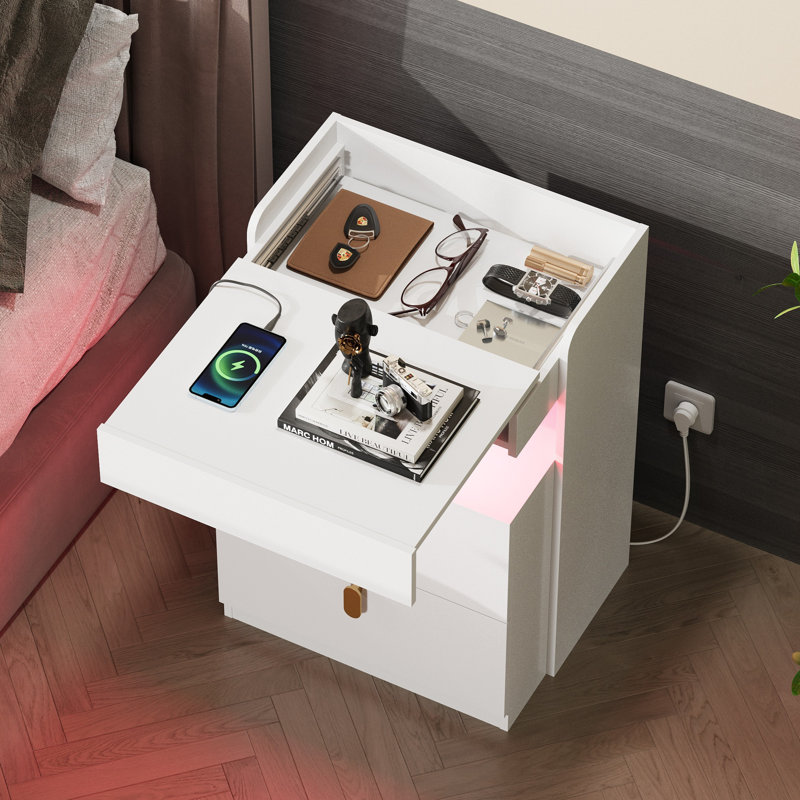 18.11''W Modern LED Nighstand with Built-in Charging USB & AC Outlets, Wood Night Stand with Sliding Pull-out Shelf and 2 Drawers, Bedside Table with Ample Storage Space for Bedroom, Living Room