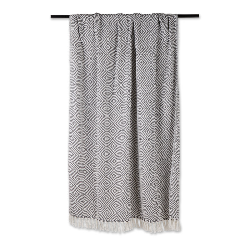 Gray and White Cotton Geometric Throw Blanket with Fringe