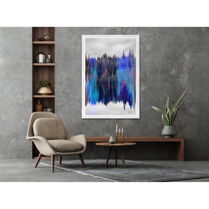 Paysage d'arbre réfléchissant en bleu, H 35,5 po x l 54,75 po x P 1,5 po, Lustre photo encadré, Cadre blanc
