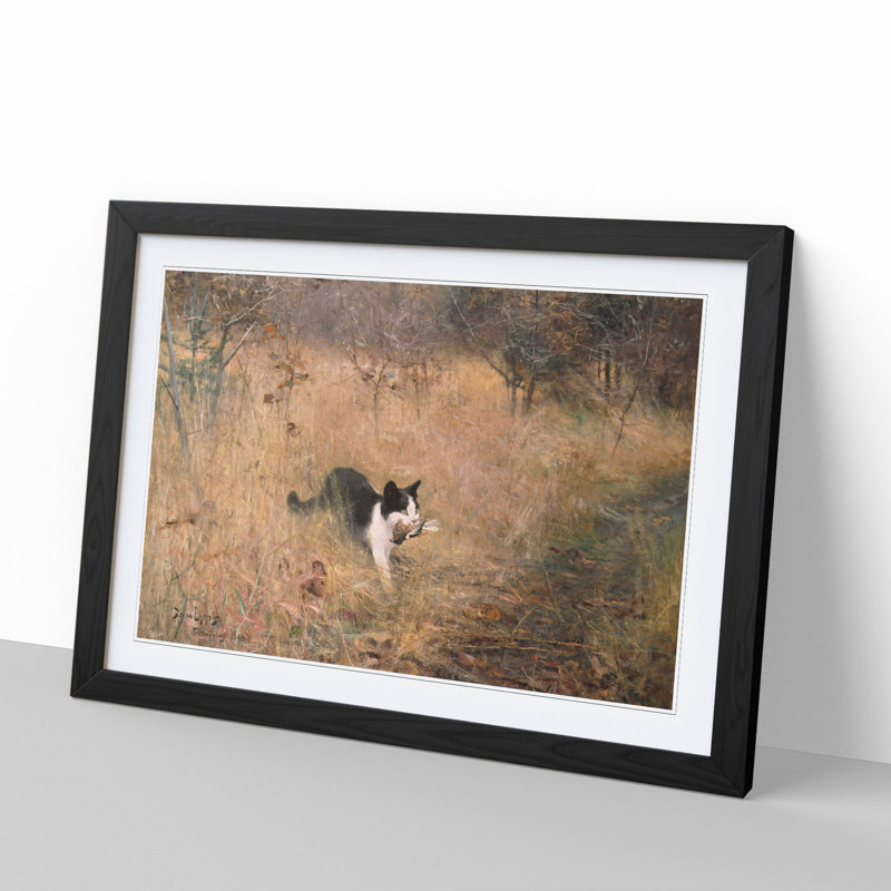 Cat with a Bird by Bruno Liljefors - Framed Print, 27cm H x 36cm W x 2cm D, Black Framed
