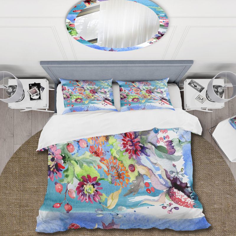 «Vibrant Wild Spring Leaves and Wildflowers» - Ensemble de housse de couette moderne - Polyester en microfibre