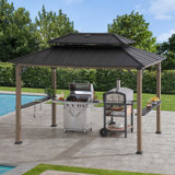 Sunjoy Wooden Grill Gazebo, 8 x 12 ft. Steel Hardtop Gazebo with Solar Power for Year-Round Grilling - 2 Full Size Grills, Griddles or Smokers - Outdoor Cooking Shelter for Backyard BBQs Party
