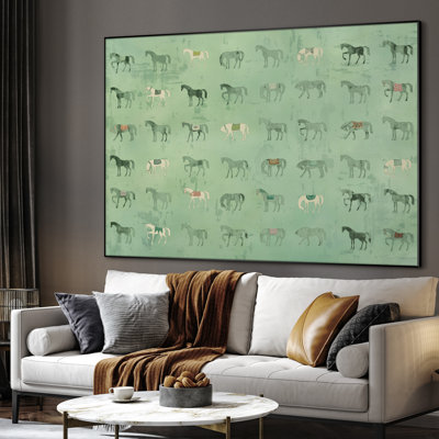 Extra Large Wall Art Fabric Print - Mint Green Horse Illustration Playful Pattern with Farmhouse Charm Artwork Decor for Living Room or Bedroom - "Frame Assembly Required (Unfinished Frame)"