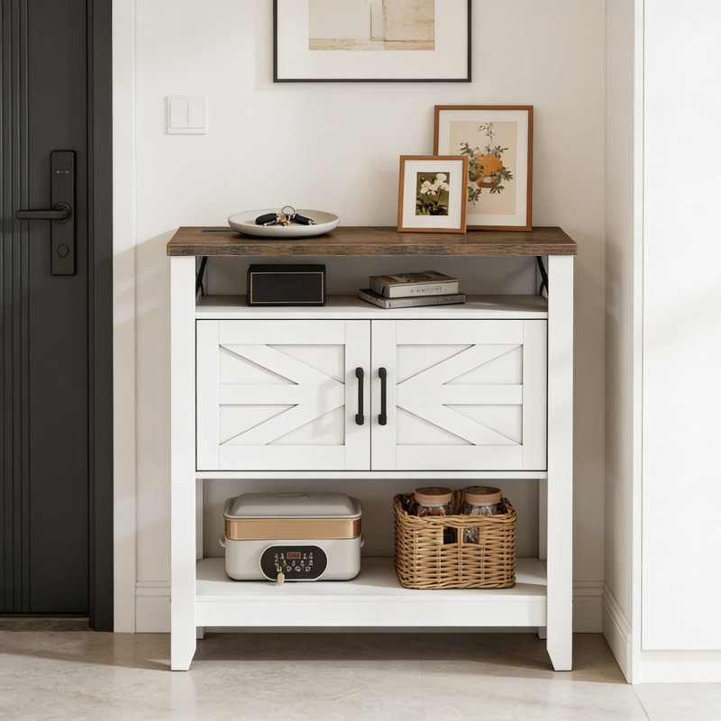 Console de ferme avec station de charge, armoire de rangement et tablettes ouvertes - table de canapé d'entrée avec prise de courant pour le couloir, la cuisine ou le salon