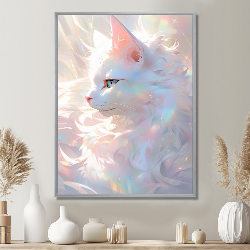Lumineux chat félin irisé blanc, Toile avec cadre argenté, H 32 po x l 24 po x P 1 po