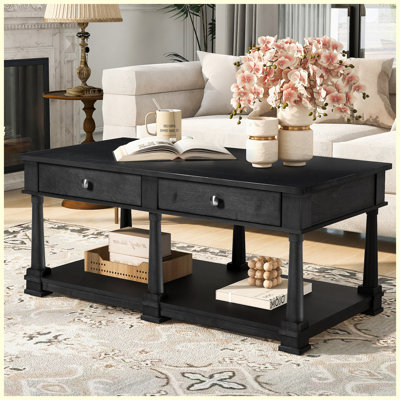 Farmhouse Rectangular Coffee Table with 2 Drawers & Open Shelf, Solid Wood Legs