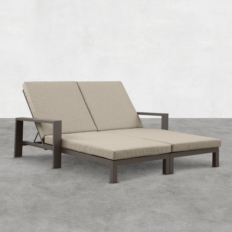 Double chaise longue d'extérieur en métal Hoyt, Coussin grisâtre / cadre noir ardoise, Khaki